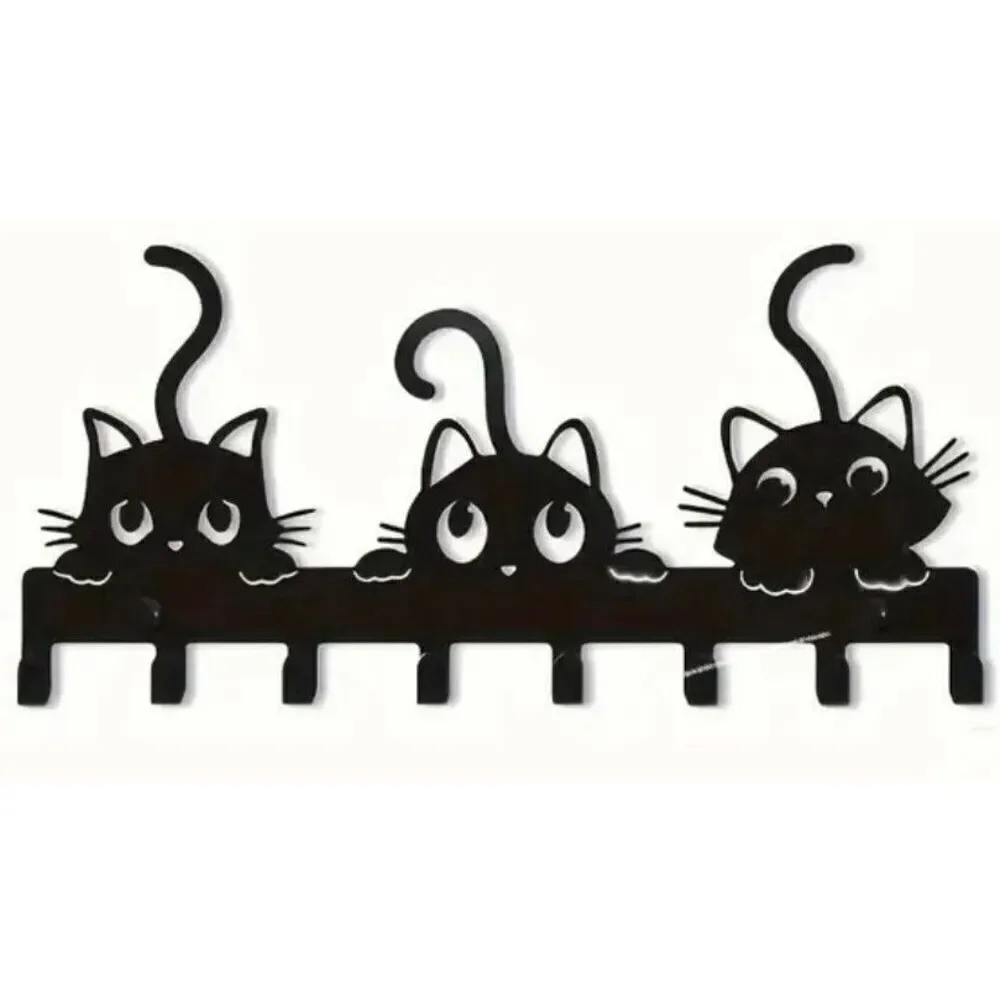 NWT Gorgeous 3 Black Cats Design Metalic 8 Hooks Wall Mount Key Holder Organizer